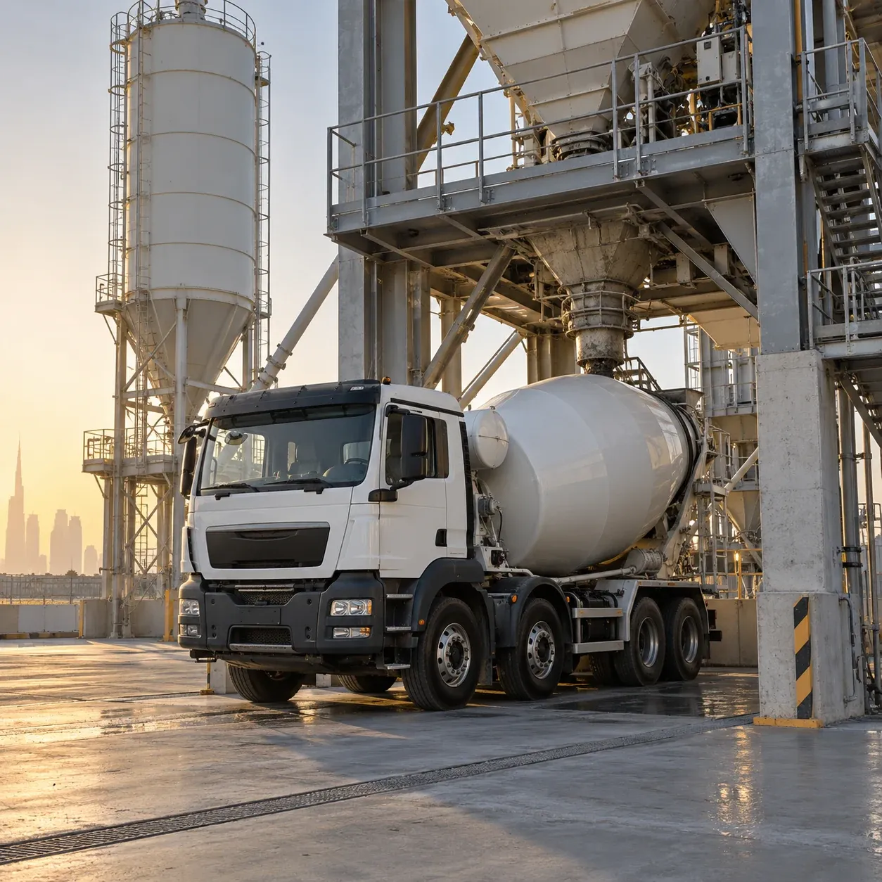 White mixer truck parked beneath a concrete batching plant loading bay